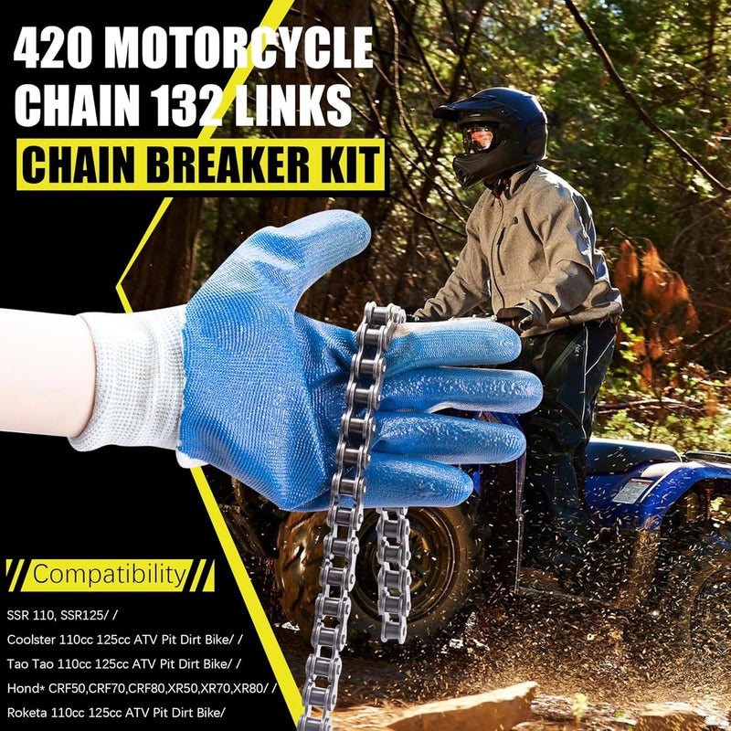 MRELC 420 Motorcycle Chain 132 Links fit for 50 70 90 110 125cc SSR TaoTao Coolster Apollo Baja 212cc Go Kart Mini Bike Powersports Parts Chinese ATV 4 Wheeler Quad Pit Dirt Bike with Chain Breaker - Image 4